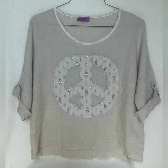 Marisima Linen Boho Chic Peace Sign Womens Top Made in Italy OS NWOT - Picture 2 of 10